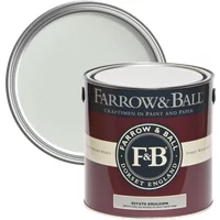 Farrow & Ball paint can, Pale Powder No. 204, with maroon label and white lid, chalky matt finish.