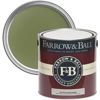 Farrow & Ball Estate Emulsion paint can, Sap Green No. 199, with a chalky matt finish, lid showing the green color.