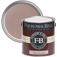 Farrow & Ball Exterior Eggshell paint can, Sulking Room Pink No. 295, with open lid showing muted pink color.