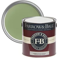 Farrow & Ball Exterior Eggshell paint can, 2.5L, Yeabridge Green No. 287, with green paint lid and maroon label.