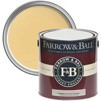 Farrow & Ball Exterior Eggshell paint can, 2.5L, Yellow Ground No. 218, with open lid showing pale yellow color.