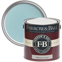 Farrow & Ball Exterior Eggshell paint can, Blue Ground No. 210, with blue lid, for wood and metal surfaces.