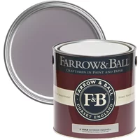 Farrow & Ball Exterior Eggshell paint can, Brassica No. 271, dark purple lid, for wood and metal surfaces.
