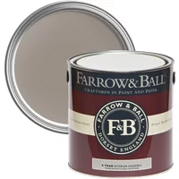 Farrow & Ball Charleston Gray No. 243 paint can, maroon label, open lid showing gray paint inside.