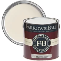 Farrow & Ball Exterior Eggshell paint can, Dimity No. 2008, cream color, maroon label, silver lid.