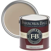 Farrow & Ball Exterior Eggshell paint can, London Stone No. 6, with open lid showing beige color, for wood and metal.