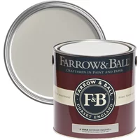 Farrow & Ball Exterior Eggshell paint can, Purbeck Stone No. 275, with open lid showing light gray color.