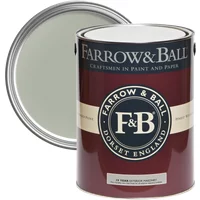 Farrow & Ball Exterior Masonry Paint, Blue Gray No. 91, in an open maroon and black can with visible paint inside.