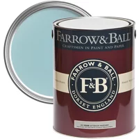 Farrow & Ball Exterior Masonry Paint, Blue Ground No. 210, in maroon can with lid showing light blue paint.