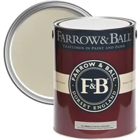 Farrow & Ball Exterior Masonry Paint, Bone No. 15, in an open maroon can with beige paint visible.