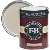 Farrow & Ball Exterior Masonry Paint, Drop Cloth No. 283, in an open maroon and black can with visible beige paint.