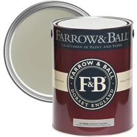 Farrow & Ball Exterior Masonry Paint, French Gray No. 18, in a maroon and cream tin with lid slightly open.