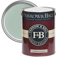 Farrow & Ball Exterior Masonry Paint, Green Blue No. 84, in a maroon can with lid off, showing light green paint inside.