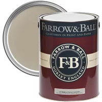 Farrow & Ball light gray exterior masonry paint can with maroon label and open lid showing paint color.