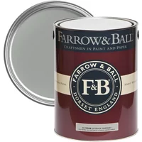 Farrow & Ball Manor House Gray No. 265 paint can, maroon label, open lid showing gray paint inside.