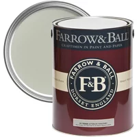 Farrow & Ball Exterior Masonry Paint, Mizzle No. 266, in an open maroon can with a silver lid.
