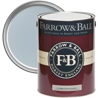 Farrow & Ball Parma Gray No. 27 exterior masonry paint in an open maroon can with a visible light blue-gray paint color.