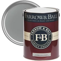 Farrow & Ball Plummett No. 272 Exterior Masonry Paint, gray, in a maroon and black labeled can with lid open.