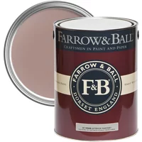 Farrow & Ball Exterior Masonry Paint, Sulking Room Pink No. 295, in maroon can with open lid showing pink paint.