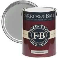 Farrow & Ball Modern Eggshell paint can, 5L, Manor House Gray No. 265, with maroon label and open lid.