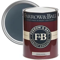 Farrow & Ball Modern Eggshell paint can in Hague Blue No. 30, with open lid showing deep blue color.