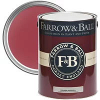 Red Farrow & Ball paint can, Rectory Red No. 217, with open lid showing deep red color, Modern Eggshell finish.