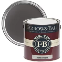 Farrow & Ball Modern Emulsion 2.5L paint can, Tanner's Brown No. 255, dark brown lid, maroon label with logo.
