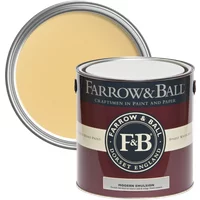Farrow & Ball paint can, Yellow Ground No. 218, 2.5L, with open lid showing pale yellow color, durable washable emulsion.