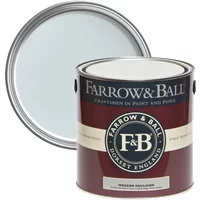 Farrow & Ball 5L paint can, Borrowed Light No. 235, light blue lid, maroon label with white and black text.