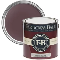 Farrow & Ball 5L paint can, Brinjal No. 222, deep aubergine color, labeled "Modern Emulsion," durable and washable.