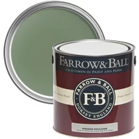 Farrow & Ball paint can, Calke Green No. 34, 5L, dark red label, silver lid, green paint visible.