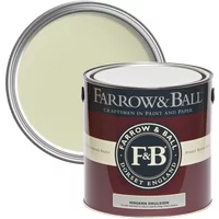 Farrow & Ball paint can, 5L, Green Ground No. 206, with open lid showing light green color, durable washable emulsion.