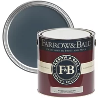 Farrow & Ball 5L paint can, Hague Blue No. 30, dark blue lid, maroon and white label with F&B logo.