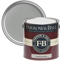 Farrow & Ball 5L paint can, Manor House Gray No. 265, maroon label, silver lid, durable washable emulsion.