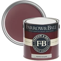 Farrow & Ball 5L paint can, Preference Red No. 297, with lid off showing deep red color, durable washable emulsion.