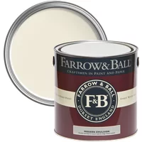 Farrow & Ball Modern Emulsion 5L paint can, White Tie No. 2002, maroon label with black lid, durable and washable.