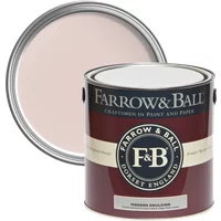 Farrow & Ball Modern Emulsion paint can, Calamine No. 230, with open lid showing pale pink color.