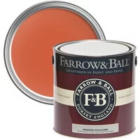 Farrow & Ball paint can, Charlotte's Locks No. 268, orange hue, durable washable emulsion, open lid showing color.