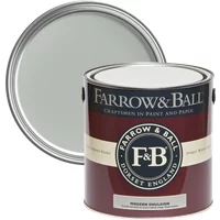 Farrow & Ball paint can, Light Blue No. 22, with maroon label and silver lid, Modern Emulsion, durable and washable.