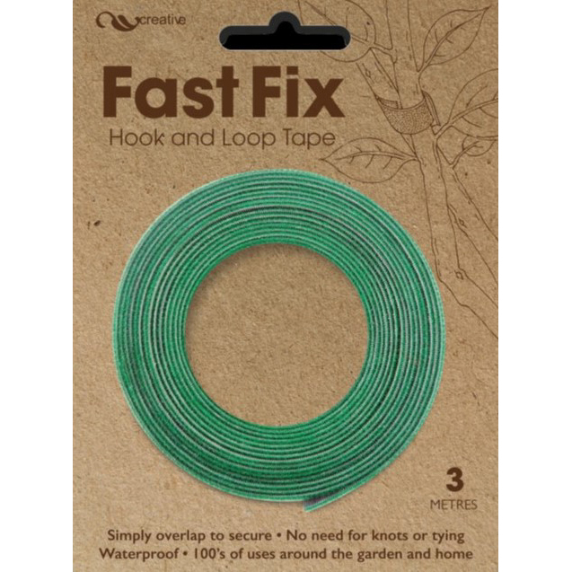 Green hook and loop tape on a cardboard backing, labeled "Fast Fix," measuring 3 meters, designed for versatile use in home and garden without knots.