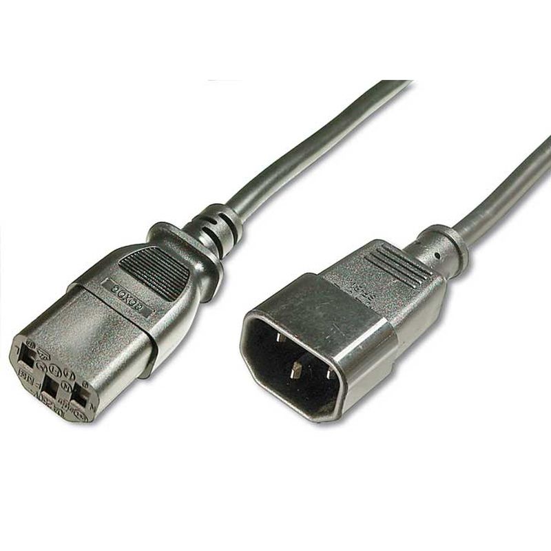 Black 0.5m IEC mains extension cable featuring a C13 socket on one end and a C14 plug on the other, made of durable plastic with a flexible rubberized finish.