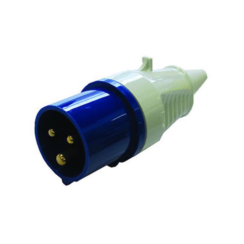 16 Amp 240V 3-pin IEC 60309 commando plug in blue and white plastic, featuring three gold pins and a secure locking mechanism for outdoor use.