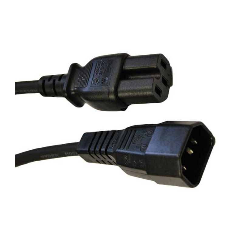 Black IEC C14 plug to C13 socket cable, featuring durable plastic connectors and a 1.0mm gauge, designed for reliable electrical connections.