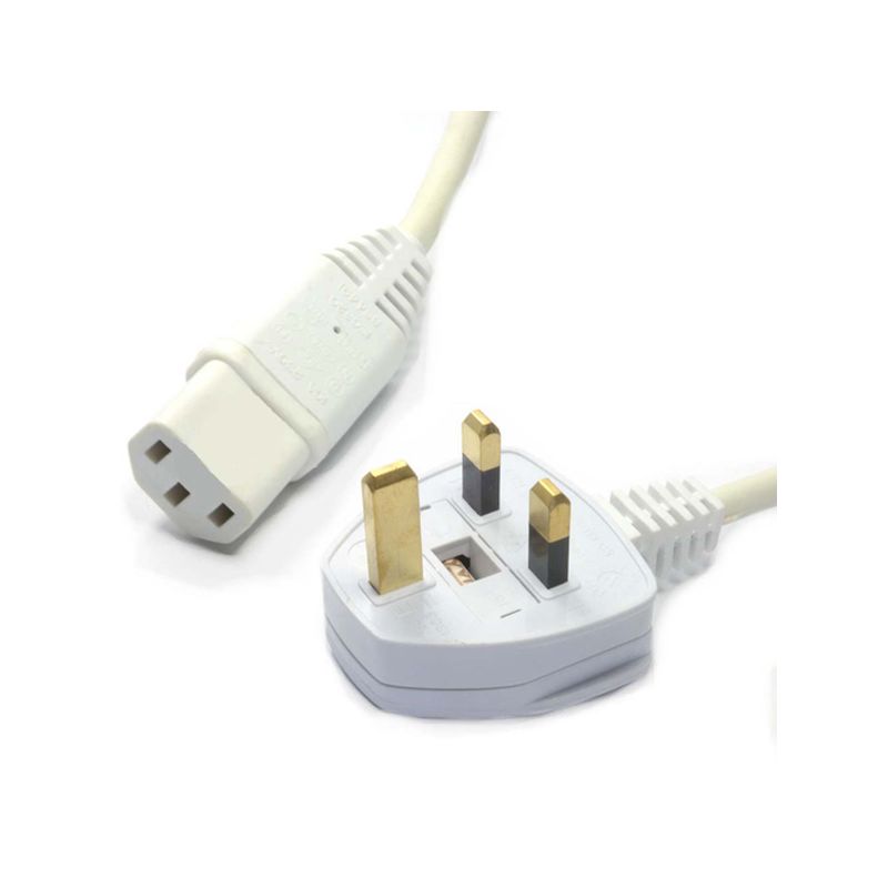 White 2m UK mains cable featuring a UK plug with three prongs and an IEC C13 socket connector, designed for electrical devices.