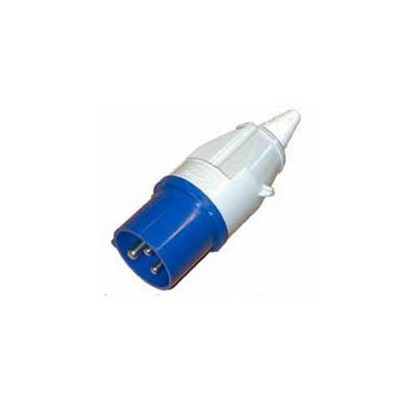 Blue and white 32 Amp 240V 3-pin IEC 60309 Commando plug with a robust plastic body and a tapered design, featuring three metal prongs inside.