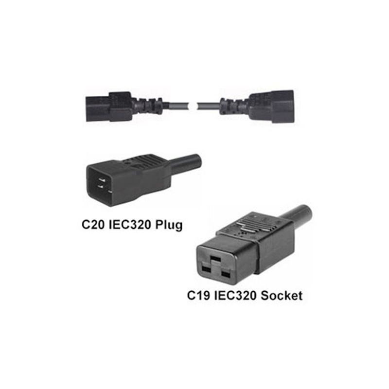 Black extension cable featuring a C20 IEC320 plug and a C19 IEC320 socket, designed for connecting power devices.