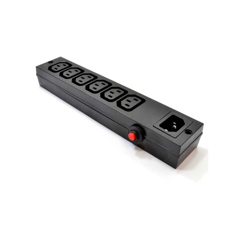 Black IEC distribution block featuring six outlets and a red overload switch, designed for efficient power distribution in various settings.