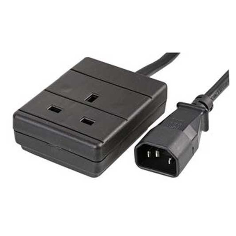 Black FDL IEC C14 plug connected to a single 13A trailing socket, featuring a 0.5m cable, designed for electrical connections.