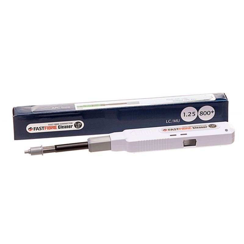White fibre core cleaning pen with a retractable tip, labeled "FDL LC MU (1.25mm) FIBRE CORE CLEANING PEN - 800 CLEANS," alongside a blue box featuring product details.