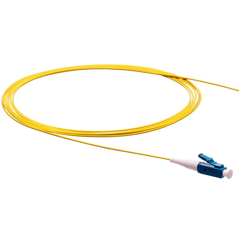 Yellow 1-meter simplex LC pigtail lead with a blue connector, designed for single-mode fiber optic applications, featuring a 9/125um core size.
